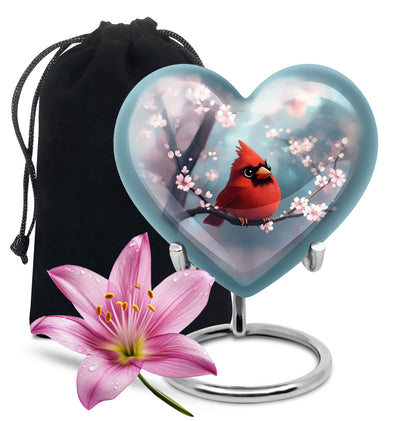 Tropical Teal Cardinal Cremation Urn detail view - romantic heart urn with cardinal motif on aluminum - full-size 10 inch 200 cubic inch adult cremation urn