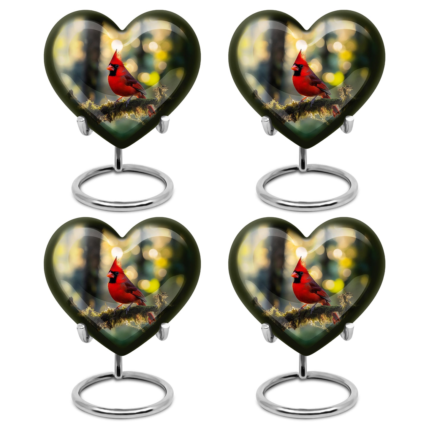 Matte Gold Cardinal Cremation Urn angled view of lid and engraved motif - compassionate heart-cardinal combination with gentle curves - 10 inch aluminum urn for cremated remains