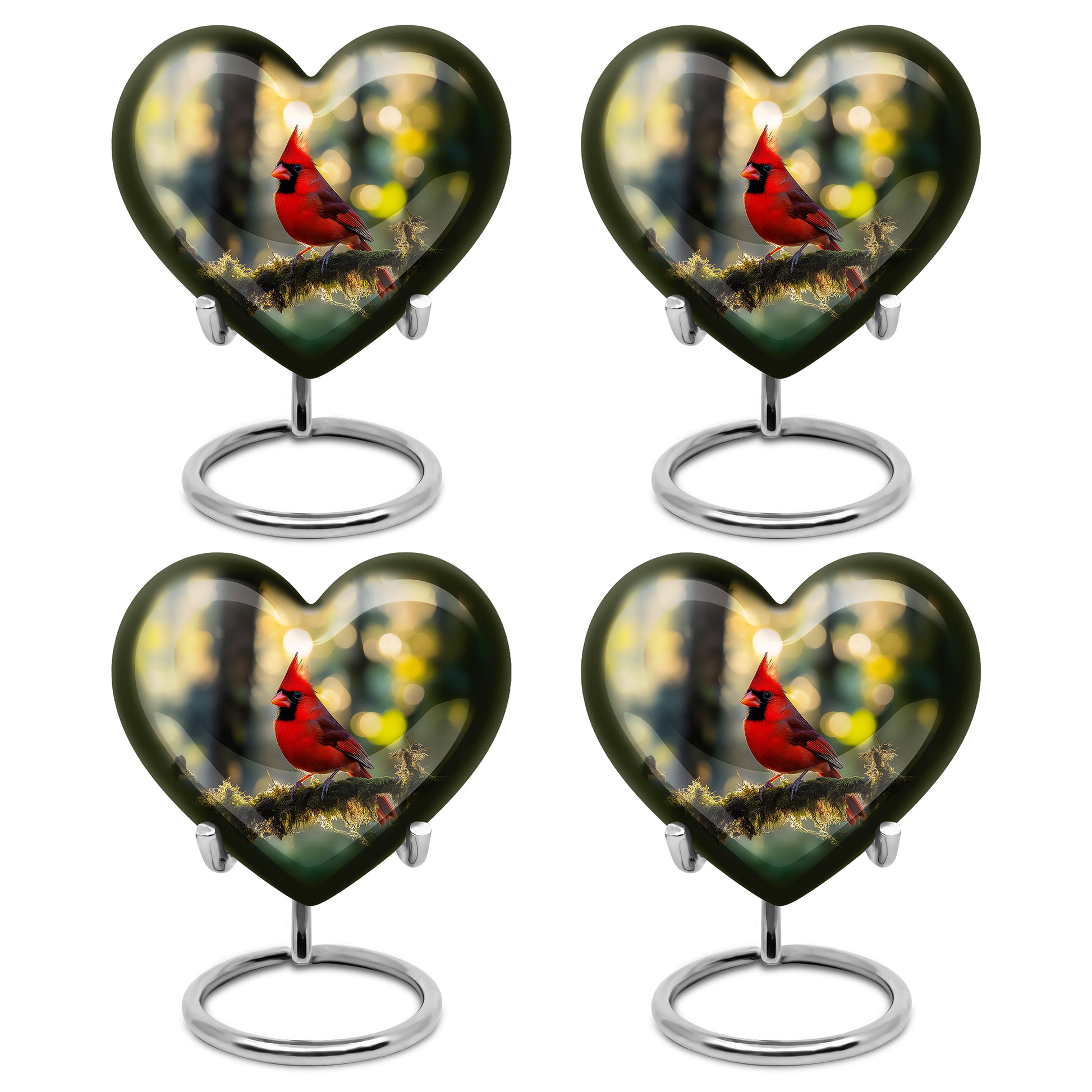 Matte Gold Cardinal Cremation Urn angled view of lid and engraved motif - compassionate heart-cardinal combination with gentle curves - 10 inch aluminum urn for cremated remains