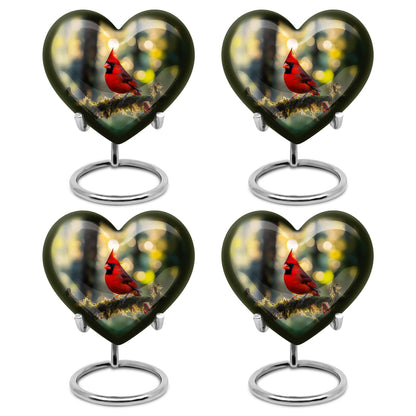 Matte Gold Cardinal Cremation Urn angled view of lid and engraved motif - compassionate heart-cardinal combination with gentle curves - 10 inch aluminum urn for cremated remains