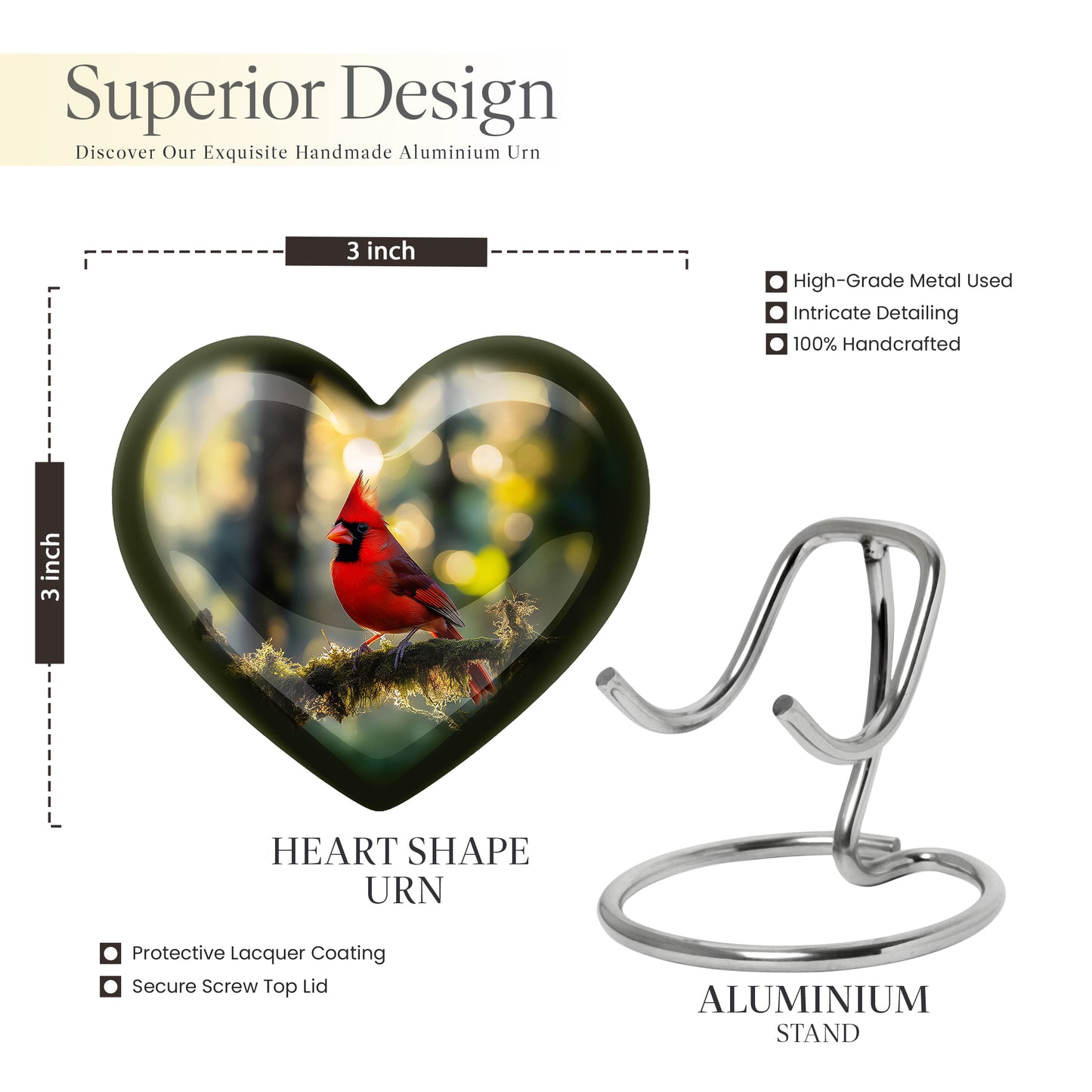 Amber Gold Cardinal Cremation Urn front view showing detailed design - heart-shaped cardinal design symbolizing eternal love - mini keepsake memorial for portion of cremation ashes