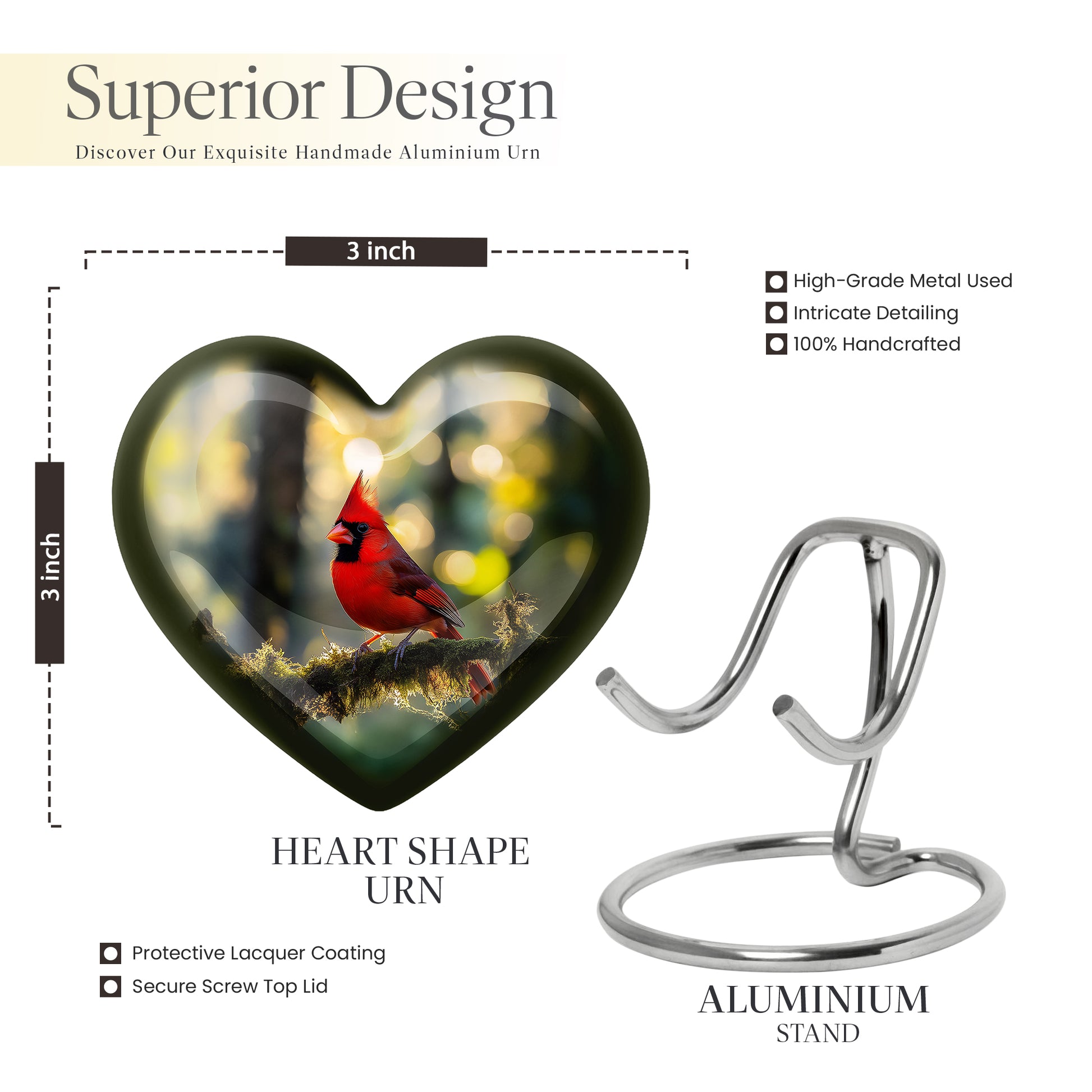 Amber Gold Cardinal Cremation Urn front view showing detailed design - heart-shaped cardinal design symbolizing eternal love - mini keepsake memorial for portion of cremation ashes