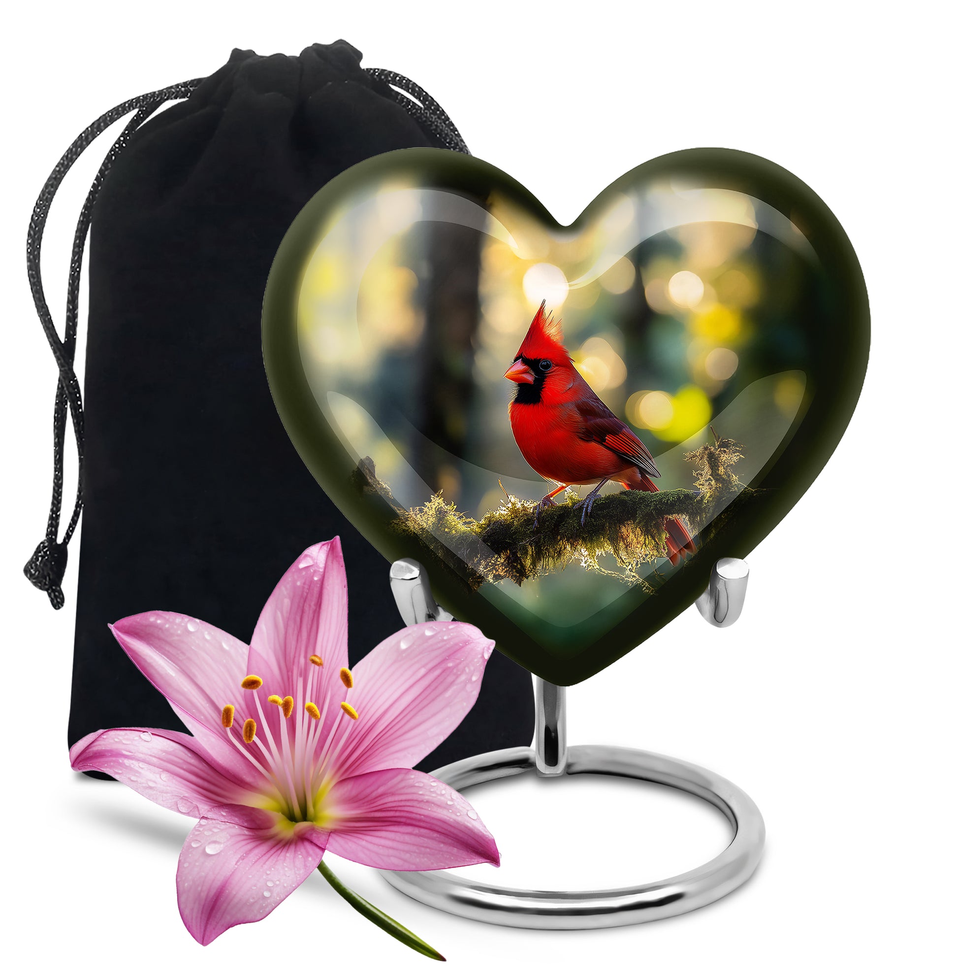 Sunrise Gold Cardinal Cremation Urn detail view - loving heart memorial featuring cardinal pattern - full-size 10 inch 200 cubic inch adult cremation urn
