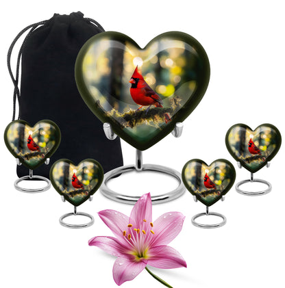 Matte Gold Cardinal Cremation Urn close-up of engraving and surface detail - compassionate heart-cardinal combination with gentle curves - memorial set with one large and four small urns