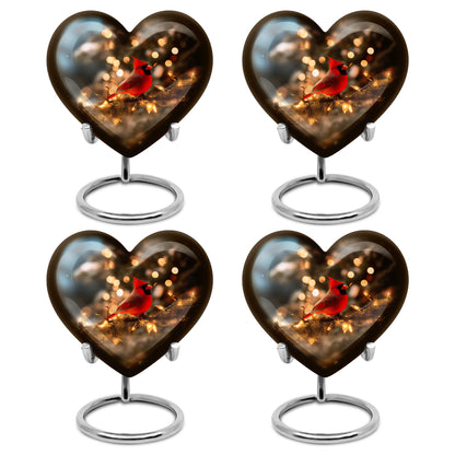 Antique Gold Cardinal Cremation Urn angled view of lid and engraved motif - heart-shaped cardinal design symbolizing eternal love - 10 inch aluminum urn for cremated remains