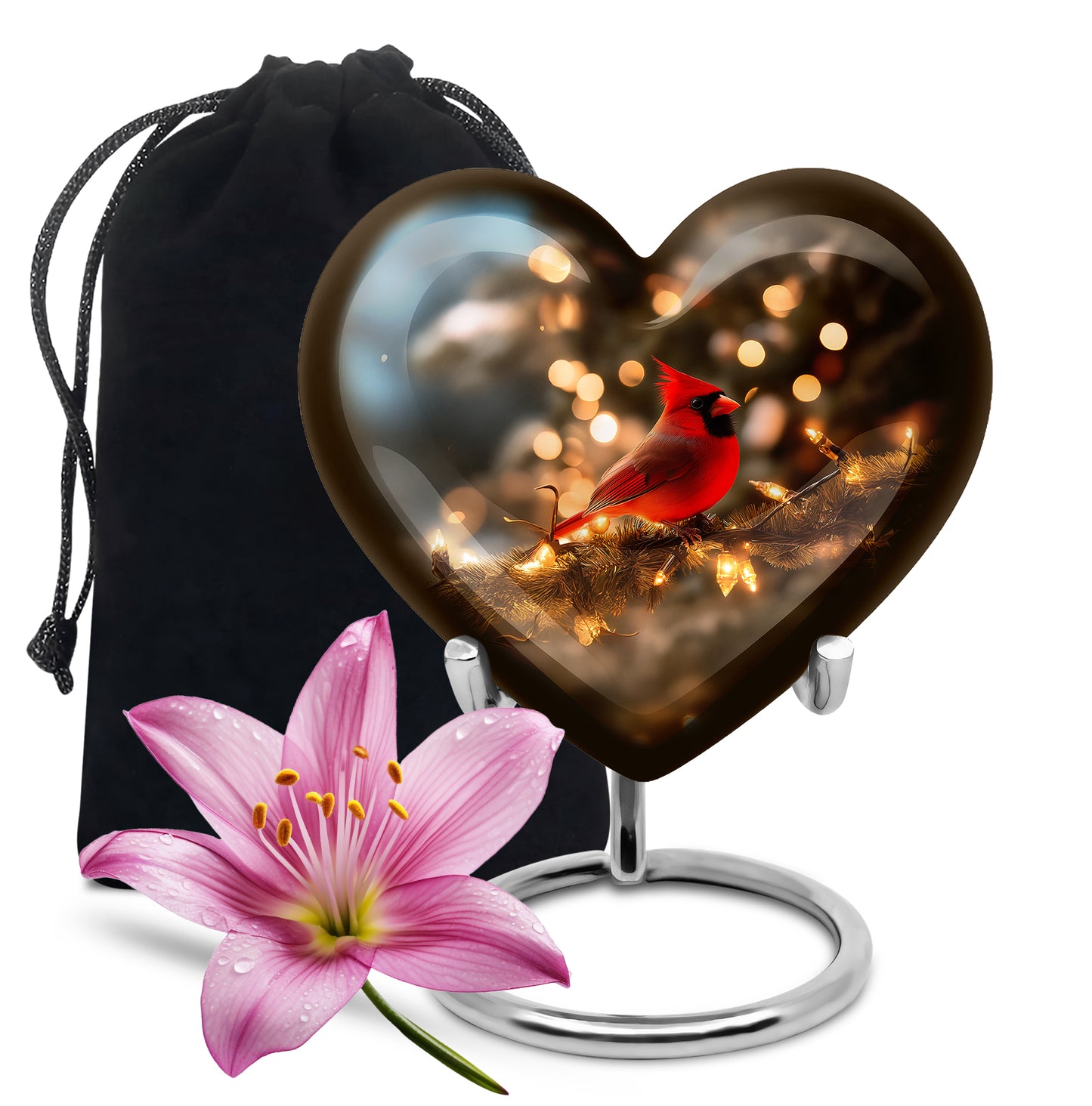 Royal Gold Cardinal Cremation Urn detail view - compassionate heart-cardinal combination with gentle curves - full-size 10 inch 200 cubic inch adult cremation urn