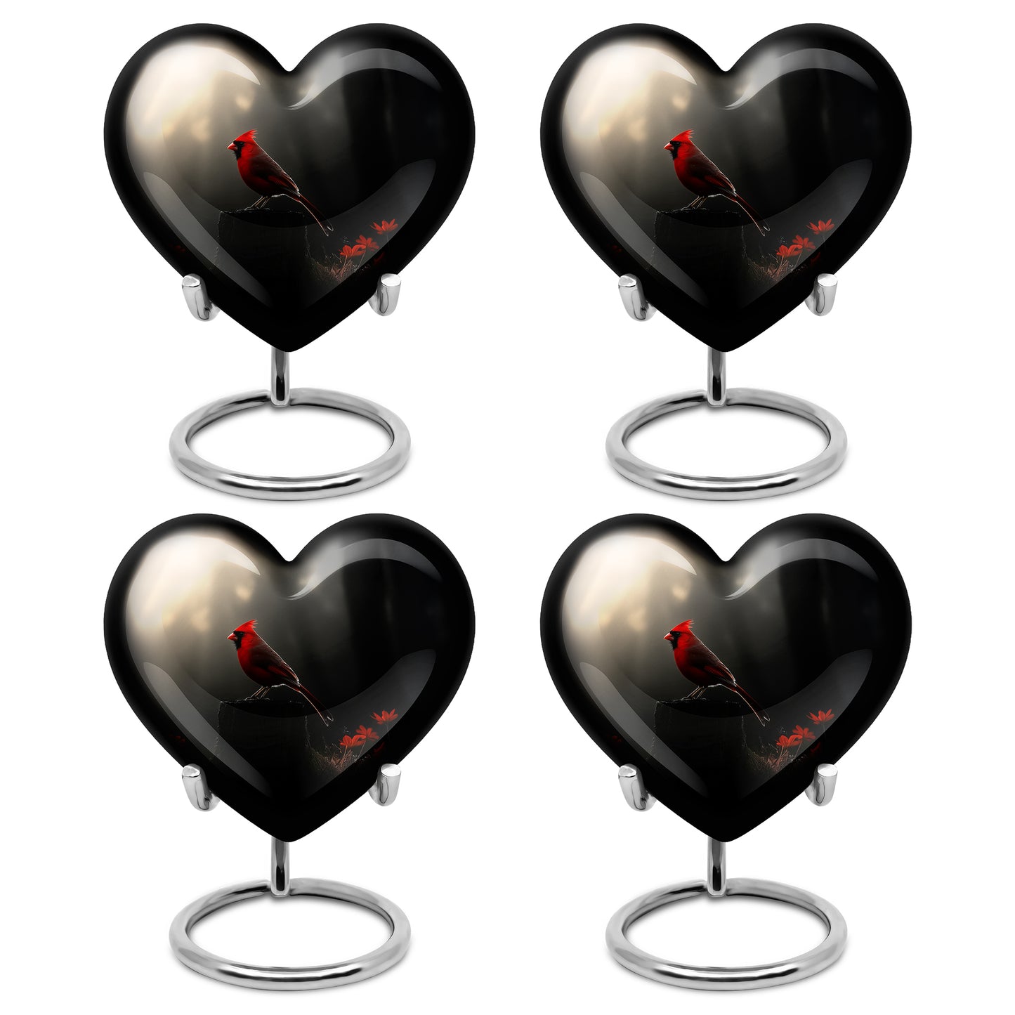 Charcoal Black Cardinal Cremation Urn angled view of lid and engraved motif - compassionate heart-cardinal combination with gentle curves - 10 inch aluminum urn for cremated remains