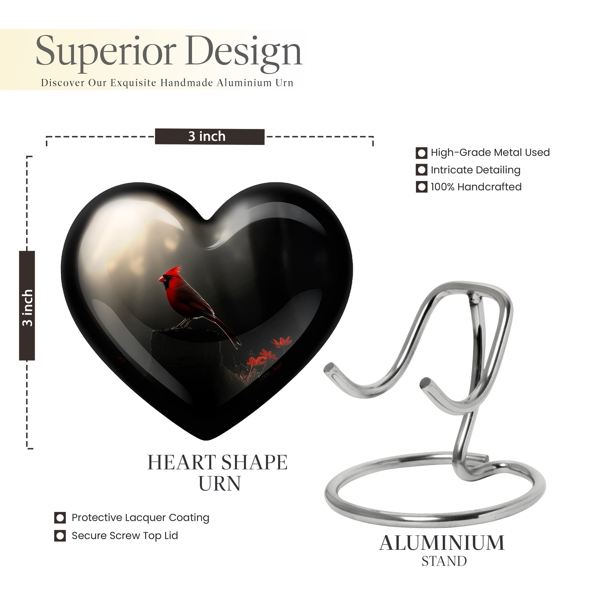 Ebony Cardinal Cremation Urn front view showing detailed design - loving heart memorial featuring cardinal pattern - mini keepsake memorial for portion of cremation ashes