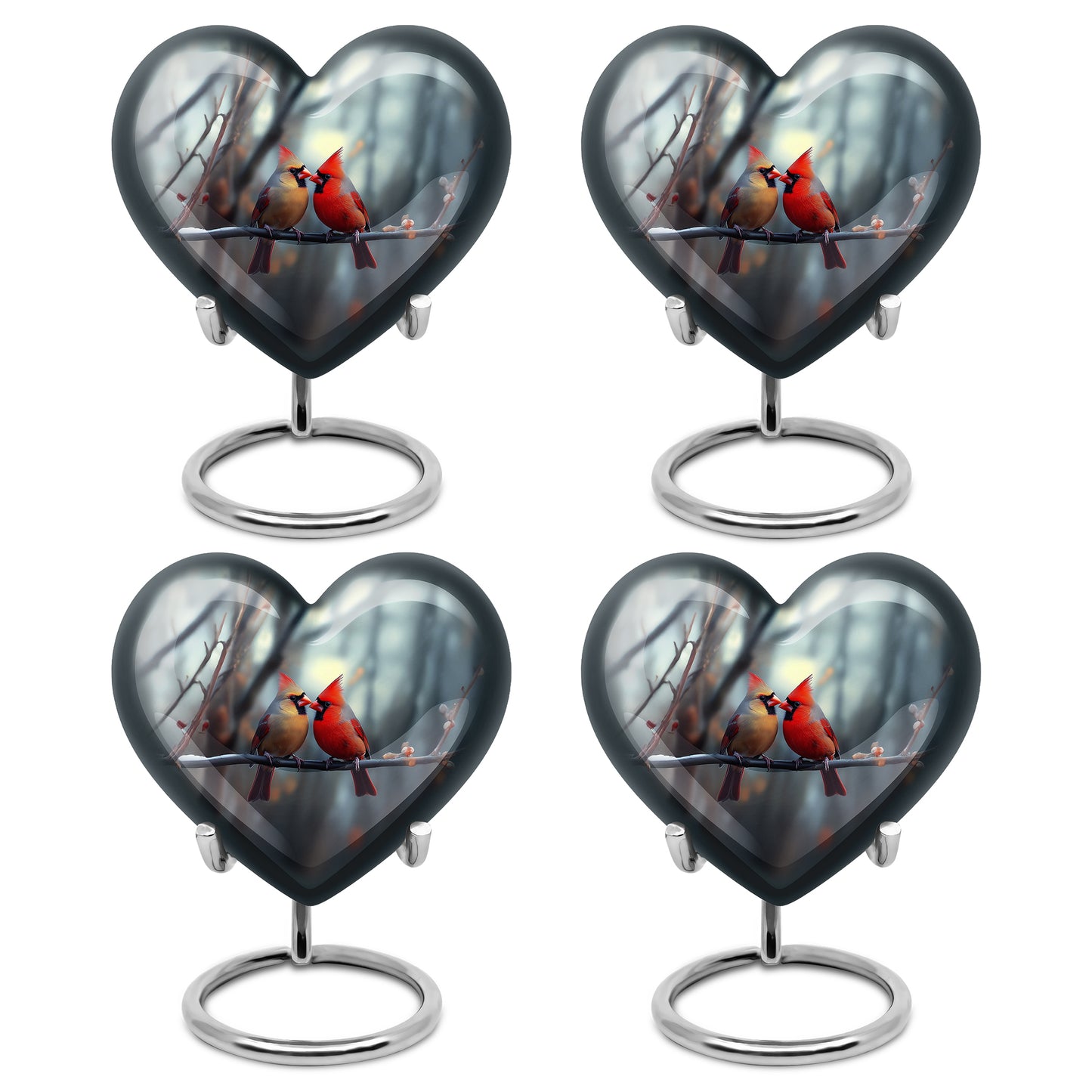 Steel Gray Cardinal Cremation Urn angled view of lid and engraved motif - compassionate heart-cardinal combination with gentle curves - 10 inch aluminum urn for cremated remains