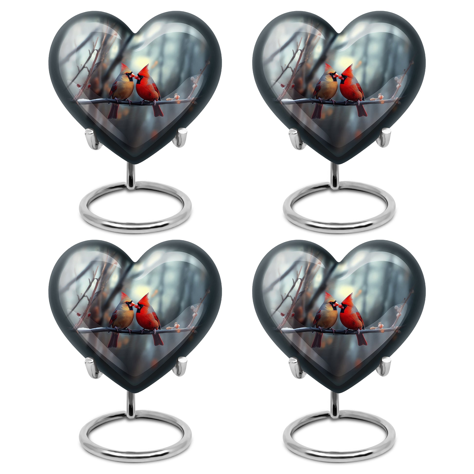 Steel Gray Cardinal Cremation Urn angled view of lid and engraved motif - compassionate heart-cardinal combination with gentle curves - 10 inch aluminum urn for cremated remains