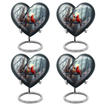 Steel Gray Cardinal Cremation Urn angled view of lid and engraved motif - compassionate heart-cardinal combination with gentle curves - 10 inch aluminum urn for cremated remains