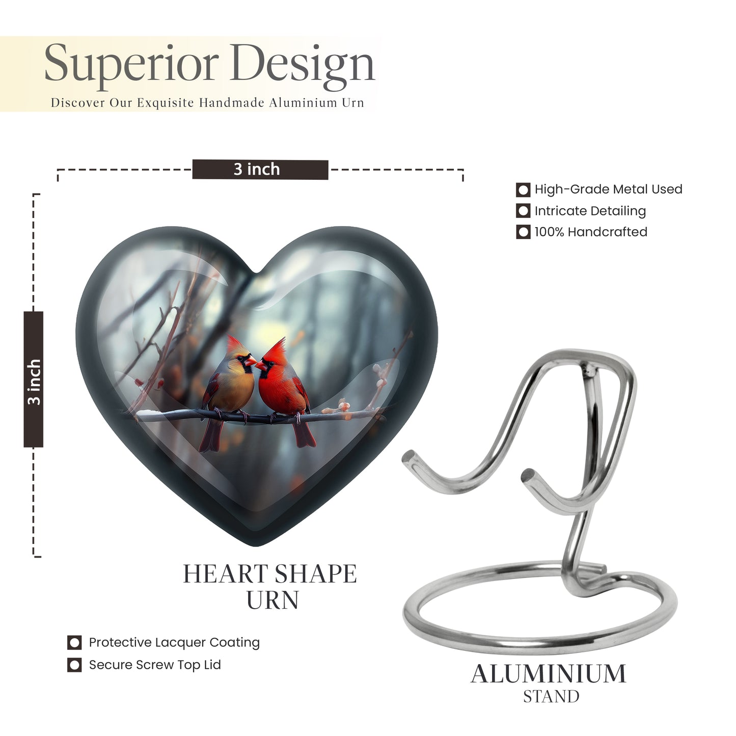 Mist Gray Cardinal Cremation Urn front view showing detailed design - loving heart memorial featuring cardinal pattern - mini keepsake memorial for portion of cremation ashes