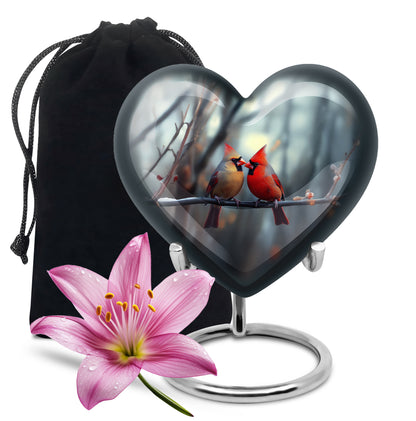 Smoke Gray Cardinal Cremation Urn detail view - romantic heart urn with cardinal motif on aluminum - full-size 10 inch 200 cubic inch adult cremation urn