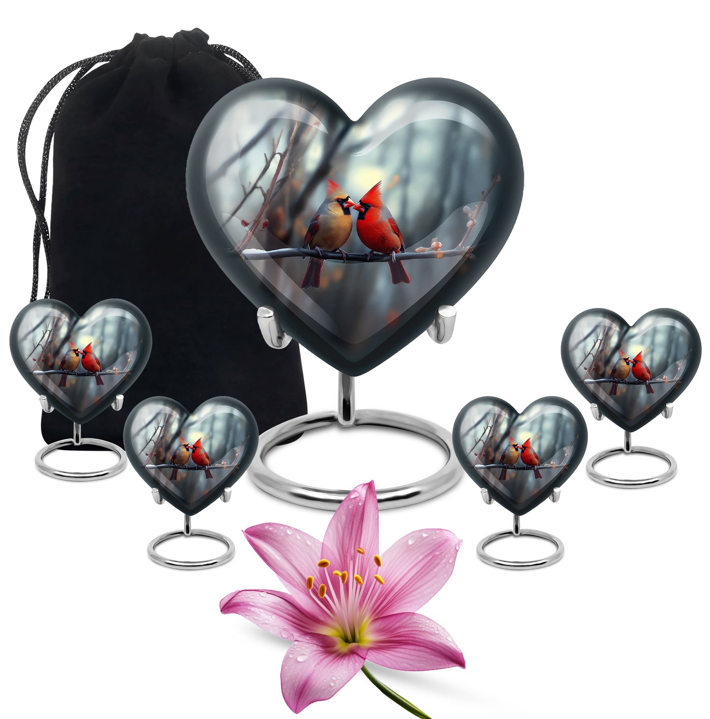 Pewter Gray Cardinal Cremation Urn close-up of engraving and surface detail - heart-shaped cardinal design symbolizing eternal love - memorial set with one large and four small urns