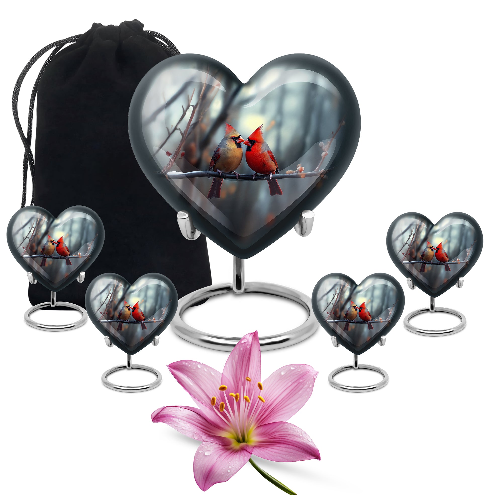 Pewter Gray Cardinal Cremation Urn close-up of engraving and surface detail - heart-shaped cardinal design symbolizing eternal love - memorial set with one large and four small urns