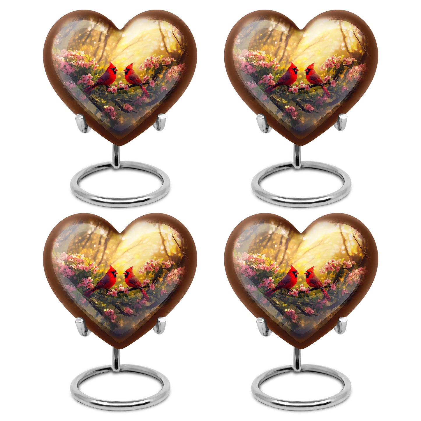 Matte Gold Cardinal Cremation Urn angled view of lid and engraved motif - compassionate heart-cardinal combination with gentle curves - 10 inch aluminum urn for cremated remains