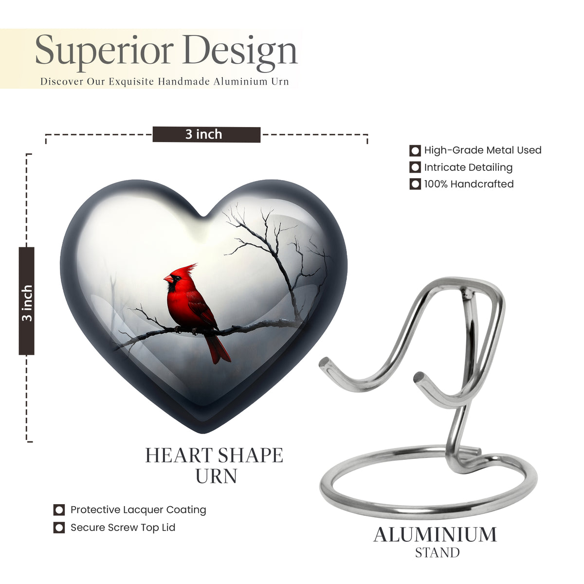 Satin Silver Cardinal Cremation Urn front view showing detailed design - loving heart memorial featuring cardinal pattern - mini keepsake memorial for portion of cremation ashes