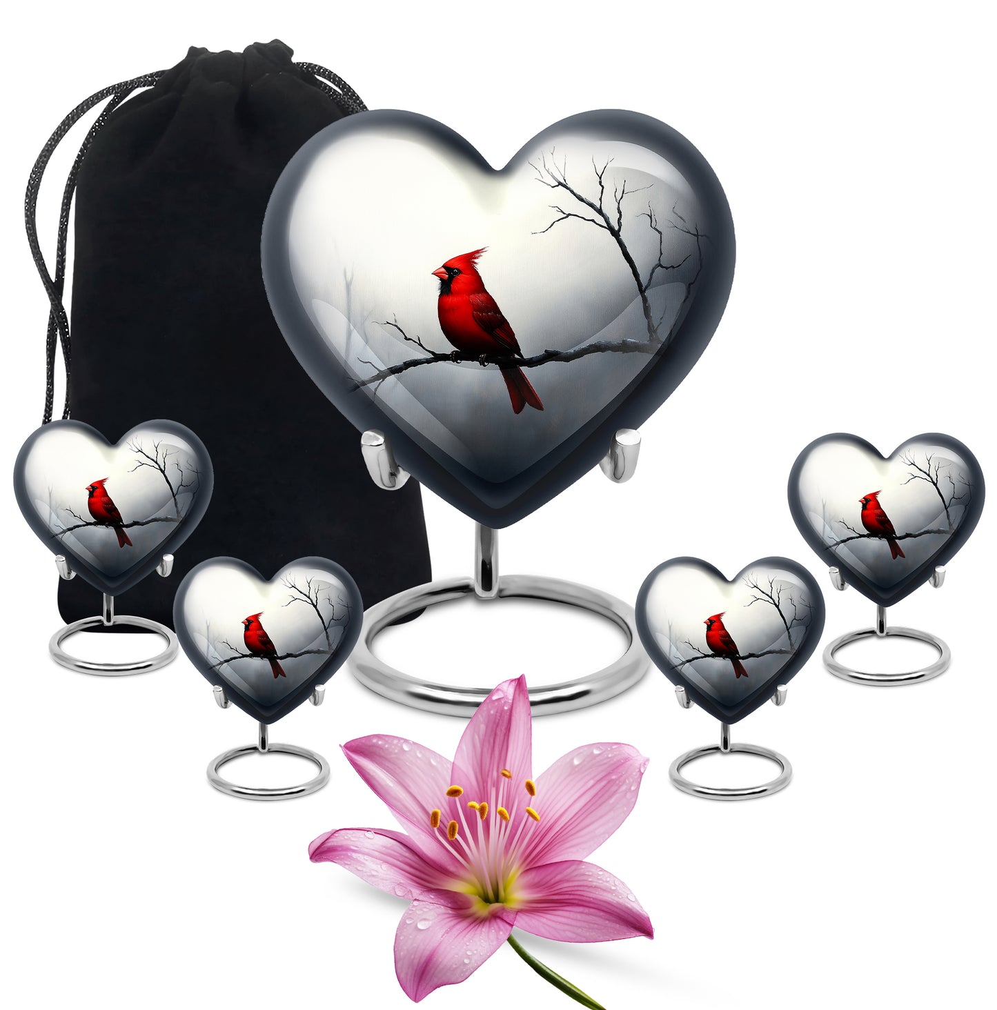 Satin Silver Cardinal Cremation Urn close-up of engraving and surface detail - heart-shaped cardinal design symbolizing eternal love - memorial set with one large and four small urns
