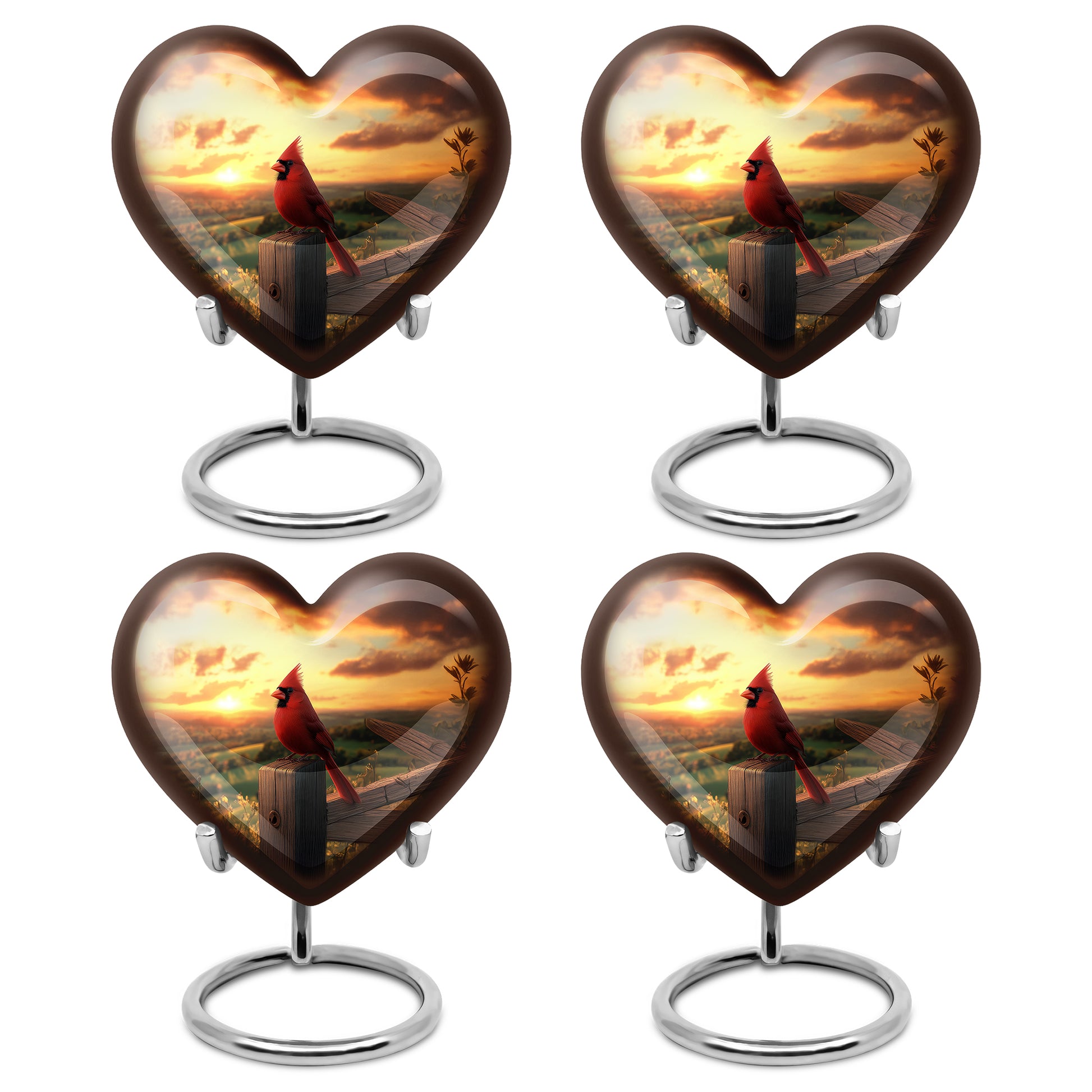 Gilded Gold Cardinal Cremation Urn angled view of lid and engraved motif - loving heart memorial featuring cardinal pattern - 10 inch aluminum urn for cremated remains