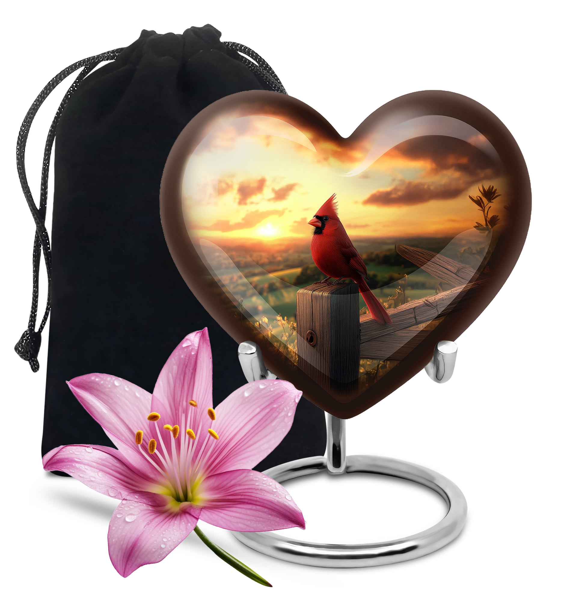Sunrise Gold Cardinal Cremation Urn detail view - loving heart memorial featuring cardinal pattern - full-size 10 inch 200 cubic inch adult cremation urn