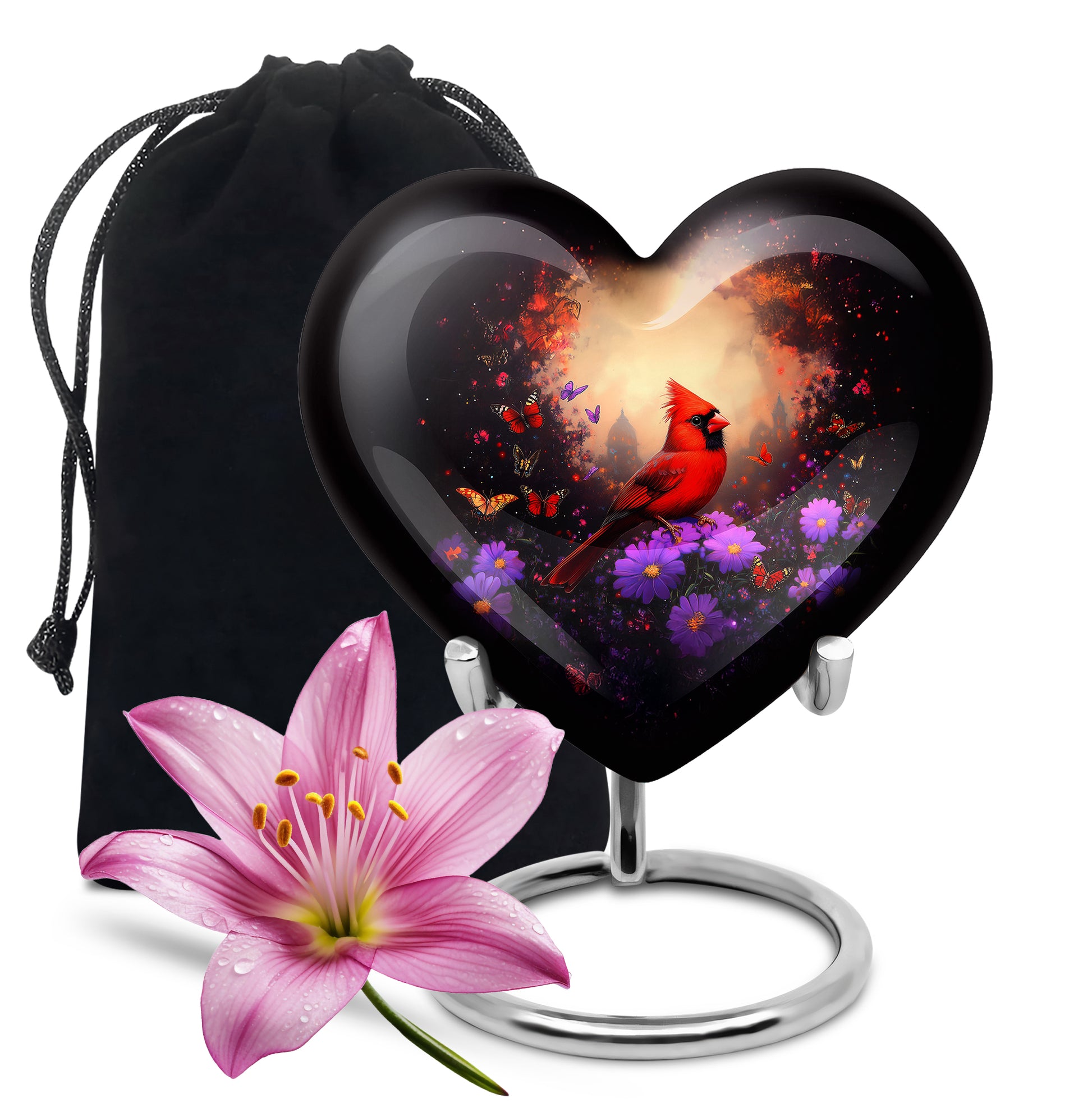 Ebony Cardinal Cremation Urn detail view - loving heart memorial featuring cardinal pattern - full-size 10 inch 200 cubic inch adult cremation urn