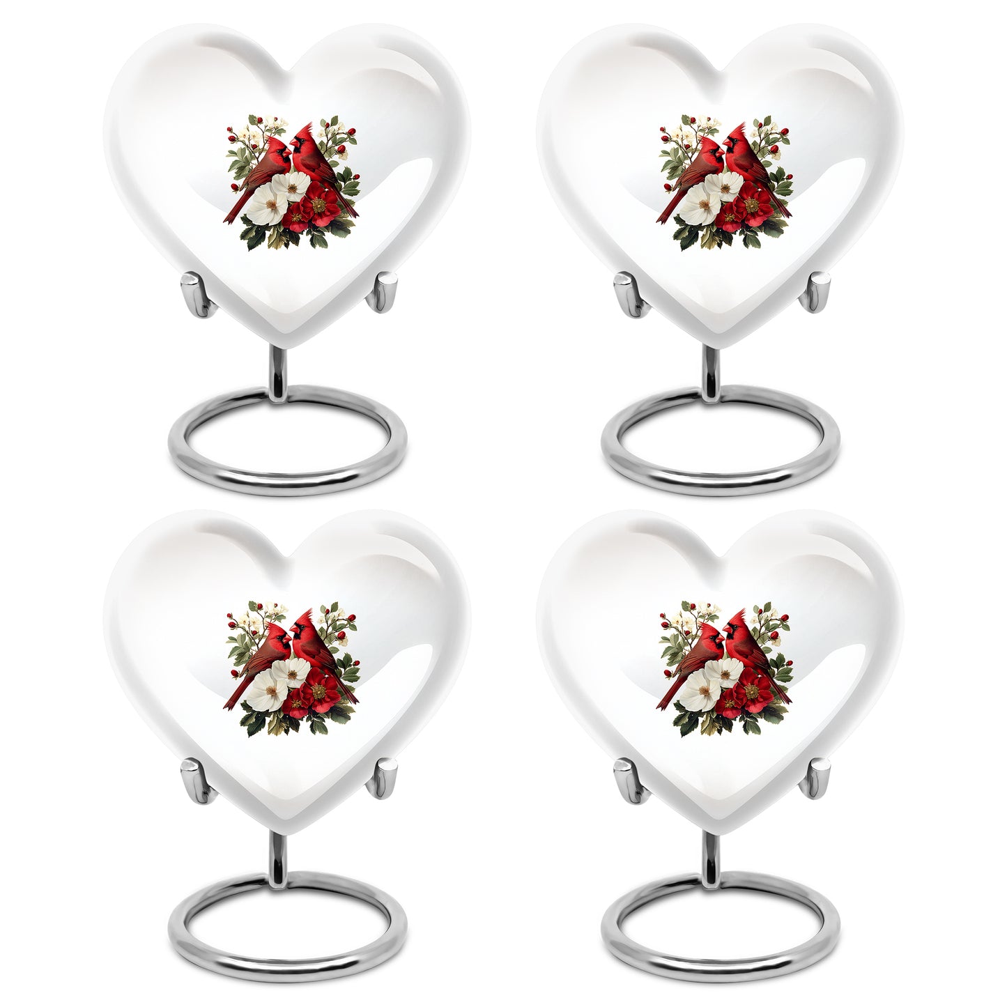 Brushed Silver Cardinal Cremation Urn angled view of lid and engraved motif - loving heart memorial featuring cardinal pattern - 10 inch aluminum urn for cremated remains