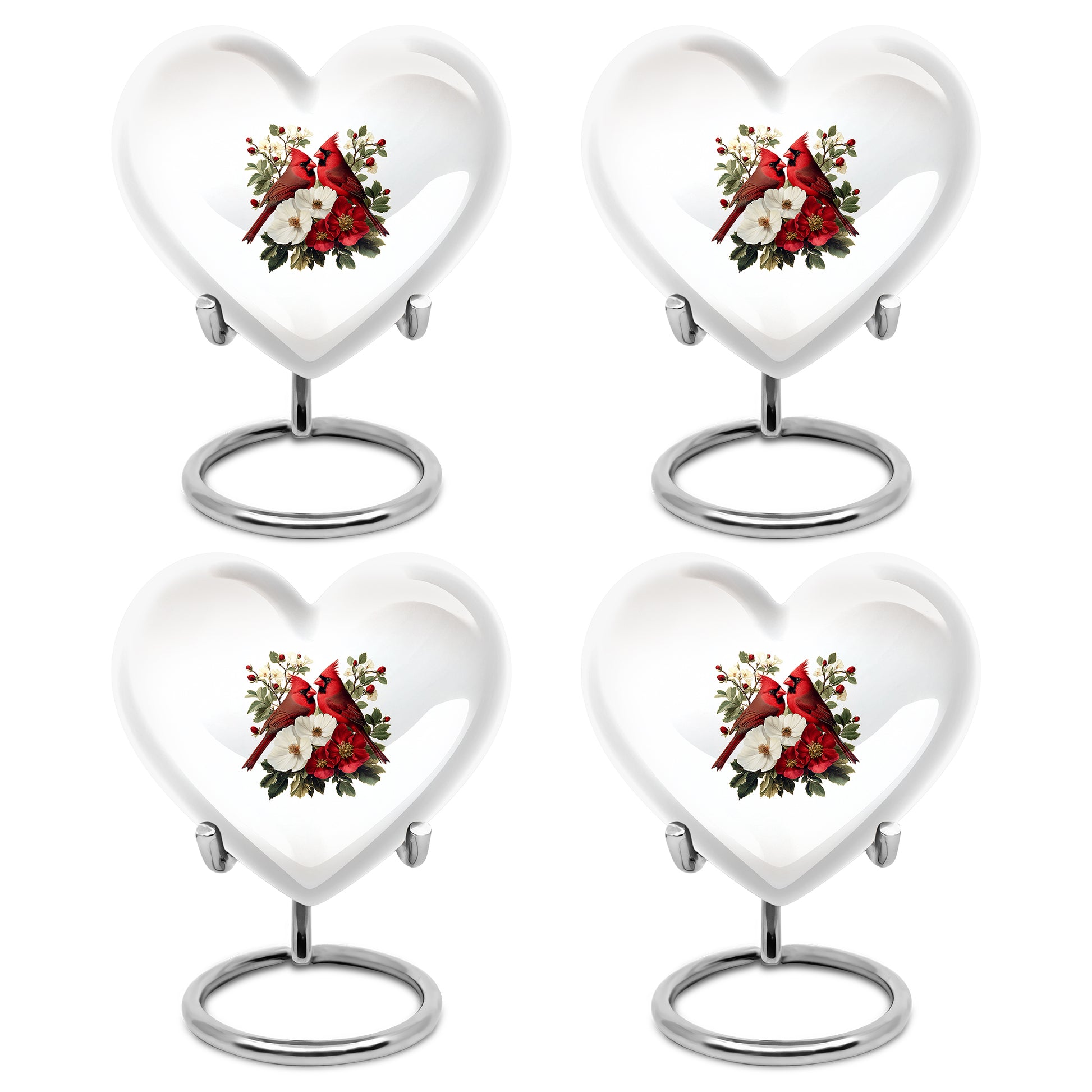 Brushed Silver Cardinal Cremation Urn angled view of lid and engraved motif - loving heart memorial featuring cardinal pattern - 10 inch aluminum urn for cremated remains
