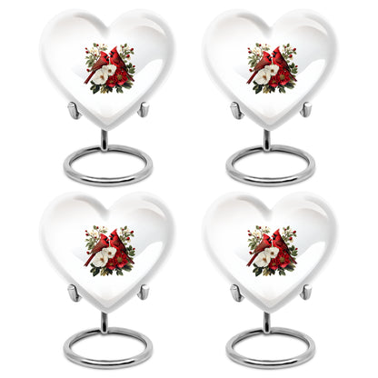 Brushed Silver Cardinal Cremation Urn angled view of lid and engraved motif - loving heart memorial featuring cardinal pattern - 10 inch aluminum urn for cremated remains