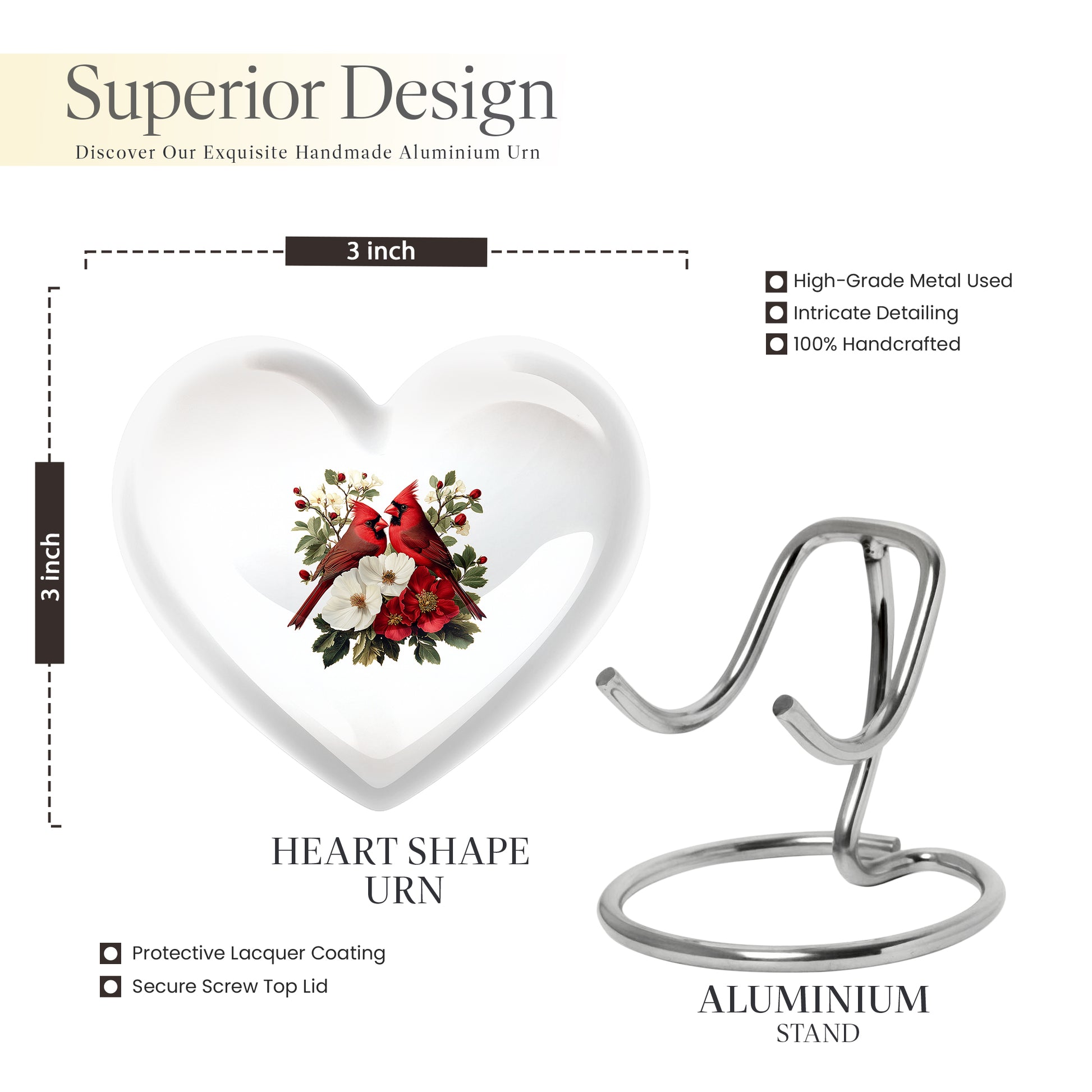 Chrome Silver Cardinal Cremation Urn front view showing detailed design - compassionate heart-cardinal combination with gentle curves - mini keepsake memorial for portion of cremation ashes