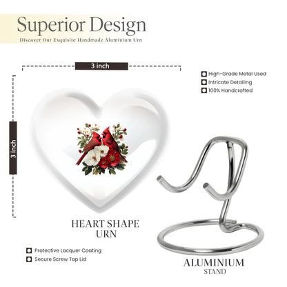 Chrome Silver Cardinal Cremation Urn front view showing detailed design - compassionate heart-cardinal combination with gentle curves - mini keepsake memorial for portion of cremation ashes