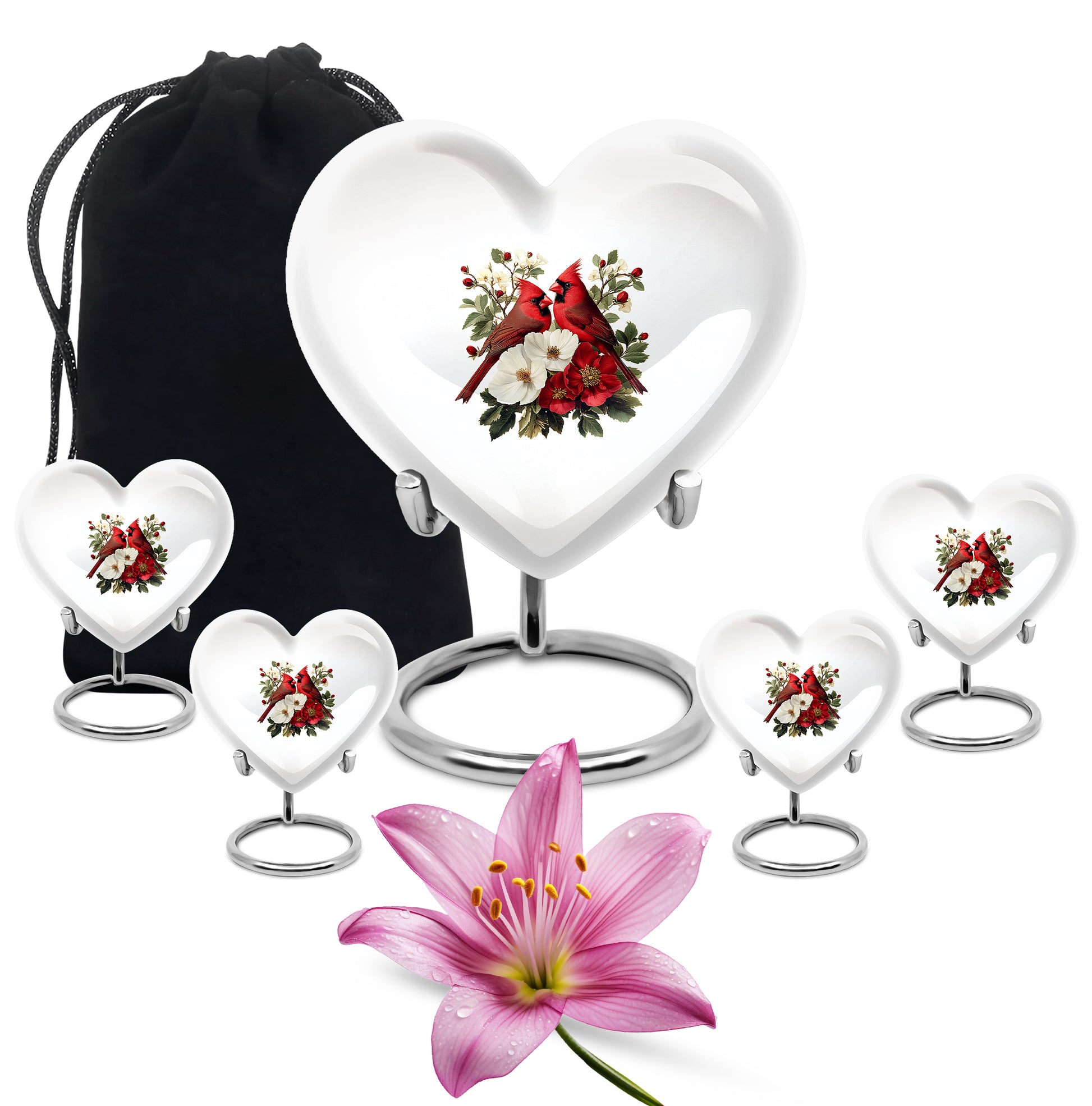 Brushed Silver Cardinal Cremation Urn close-up of engraving and surface detail - heart-shaped cardinal design symbolizing eternal love - memorial set with one large and four small urns