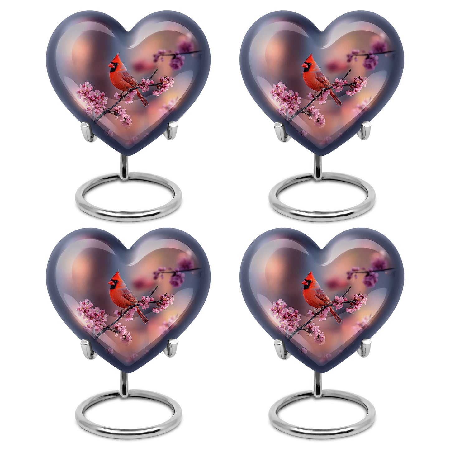 Rose Pink Cardinal Cremation Urn angled view of lid and engraved motif - heart-shaped cardinal design symbolizing eternal love - 10 inch aluminum urn for cremated remains