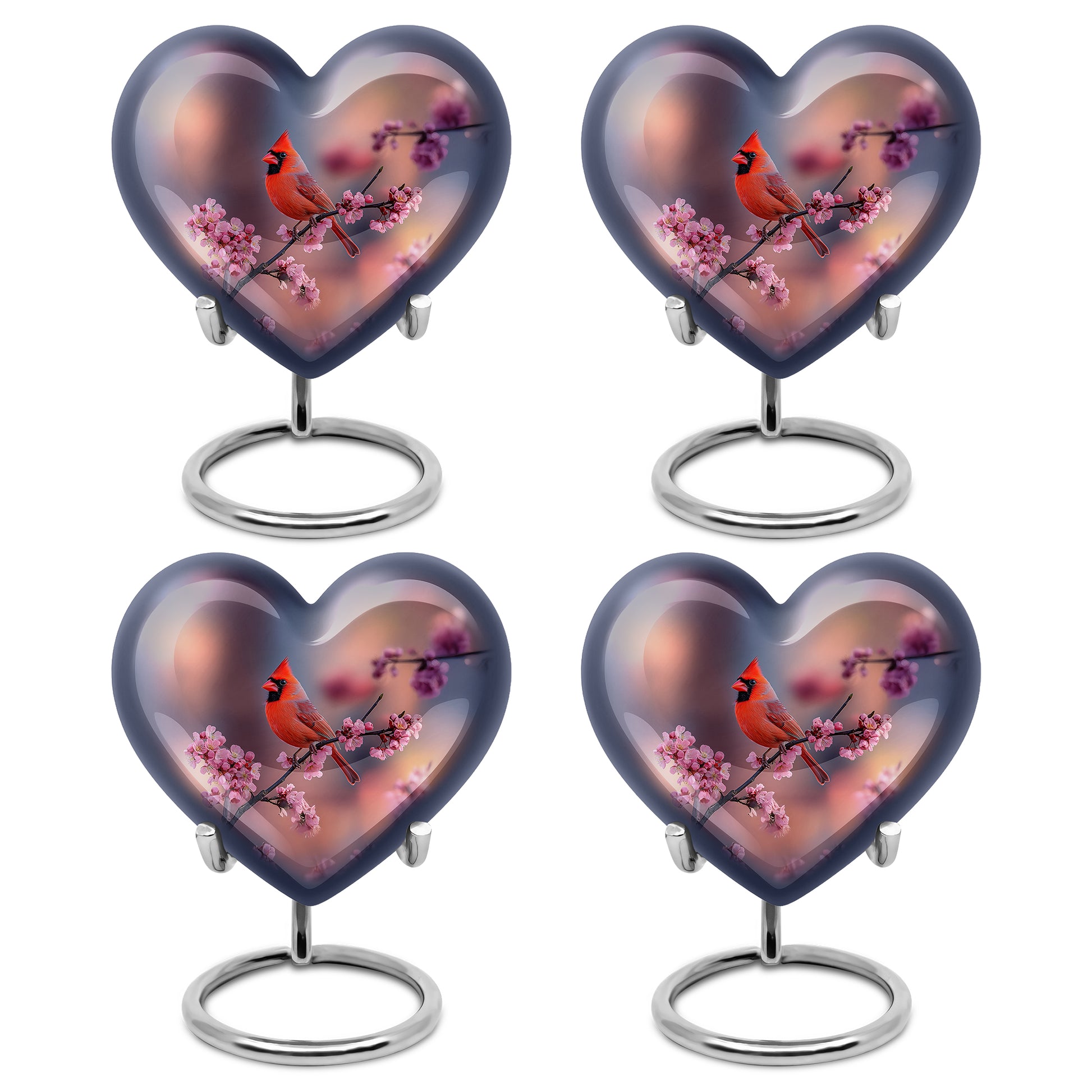 Rose Pink Cardinal Cremation Urn angled view of lid and engraved motif - heart-shaped cardinal design symbolizing eternal love - 10 inch aluminum urn for cremated remains
