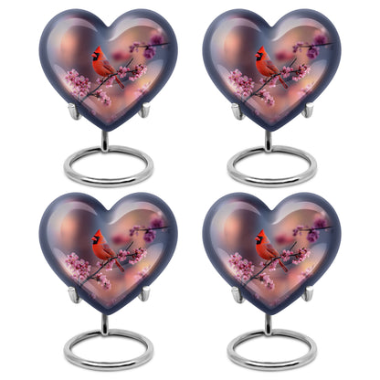 Rose Pink Cardinal Cremation Urn angled view of lid and engraved motif - heart-shaped cardinal design symbolizing eternal love - 10 inch aluminum urn for cremated remains