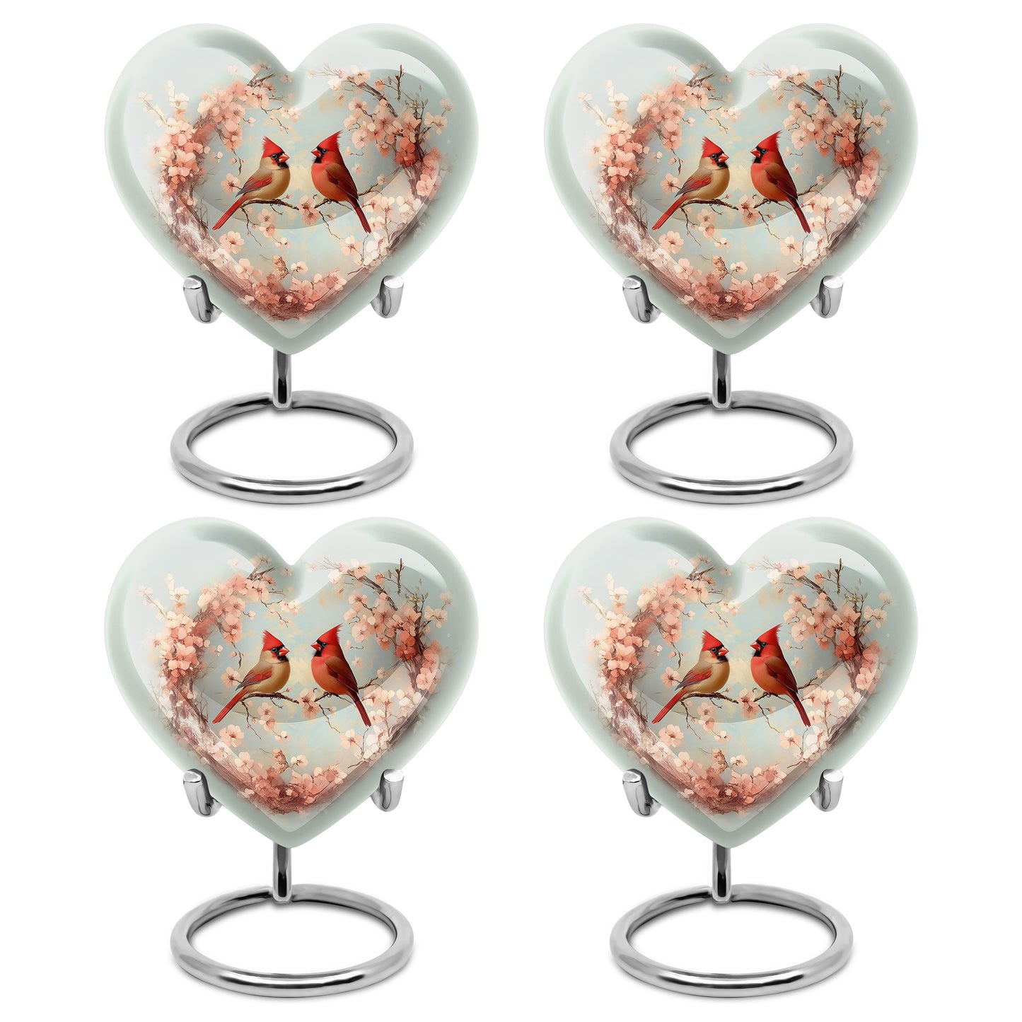 Storm Gray Cardinal Cremation Urn angled view of lid and engraved motif - compassionate heart-cardinal combination with gentle curves - 10 inch aluminum urn for cremated remains