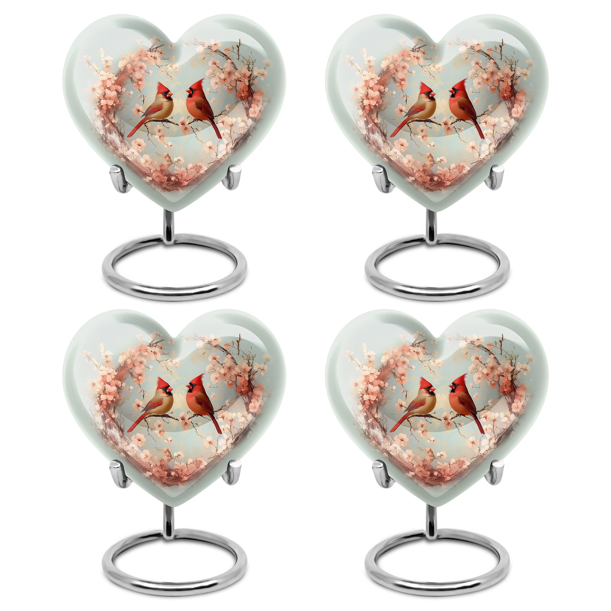 Storm Gray Cardinal Cremation Urn angled view of lid and engraved motif - compassionate heart-cardinal combination with gentle curves - 10 inch aluminum urn for cremated remains