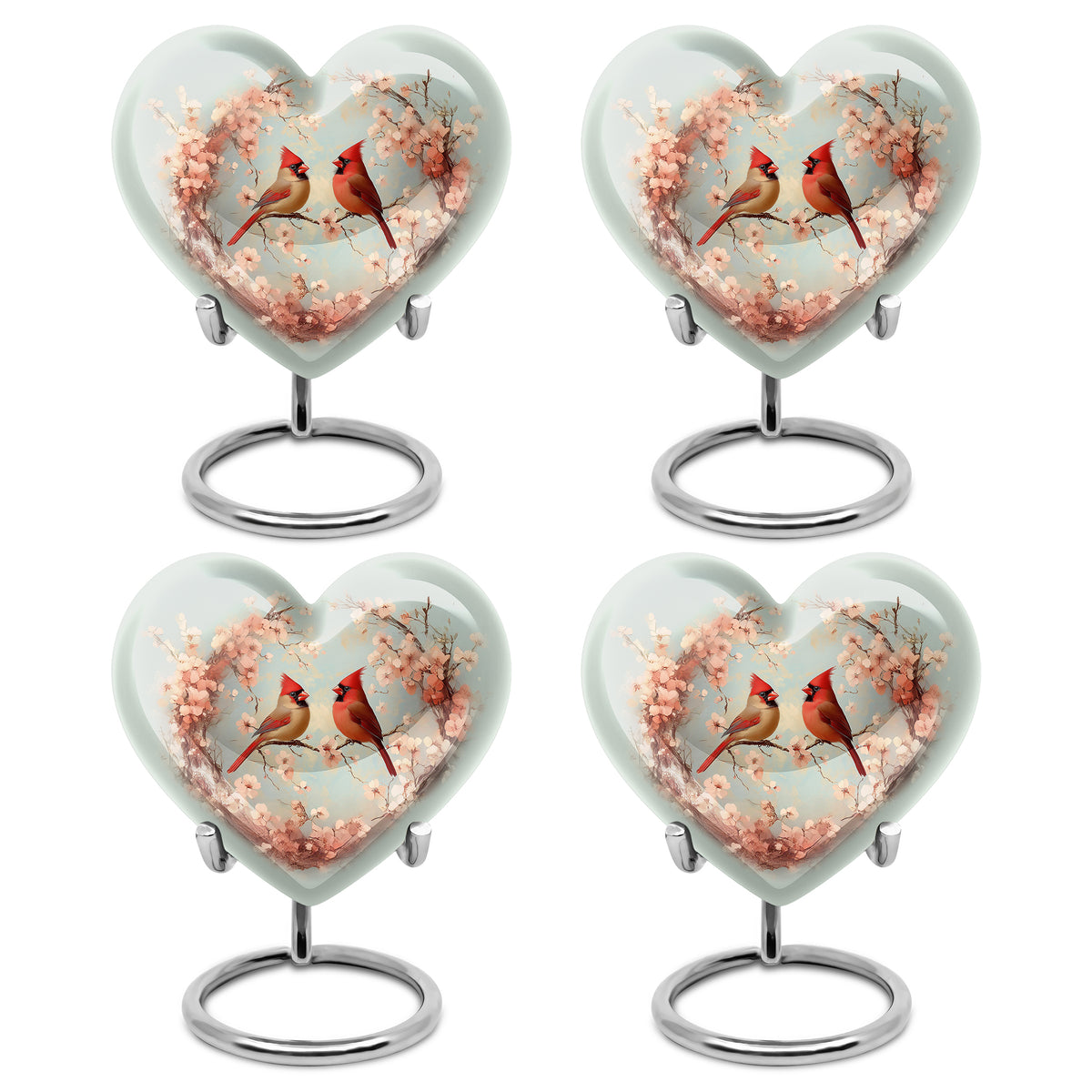 Storm Gray Cardinal Cremation Urn angled view of lid and engraved motif - compassionate heart-cardinal combination with gentle curves - 10 inch aluminum urn for cremated remains