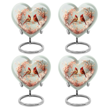 Storm Gray Cardinal Cremation Urn angled view of lid and engraved motif - compassionate heart-cardinal combination with gentle curves - 10 inch aluminum urn for cremated remains