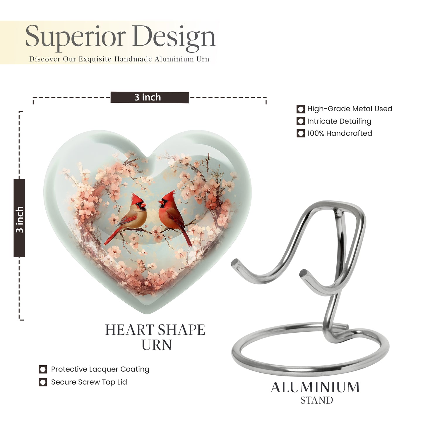 Charcoal Gray Cardinal Cremation Urn front view showing detailed design - heart-shaped cardinal design symbolizing eternal love - mini keepsake memorial for portion of cremation ashes