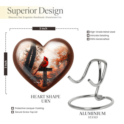 Royal Gold Cardinal Cremation Urn front view showing detailed design - compassionate heart-cardinal combination with gentle curves - mini keepsake memorial for portion of cremation ashes