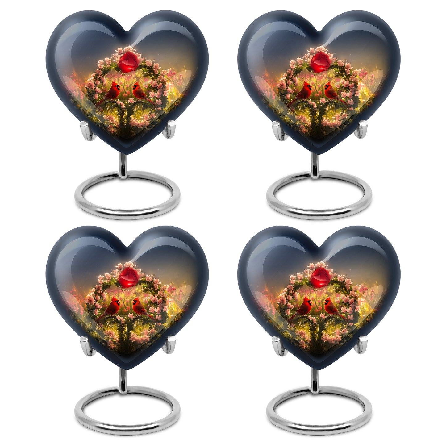 Calming Blue Cardinal Cremation Urn angled view of lid and engraved motif - romantic heart urn with cardinal motif on aluminum - 10 inch aluminum urn for cremated remains