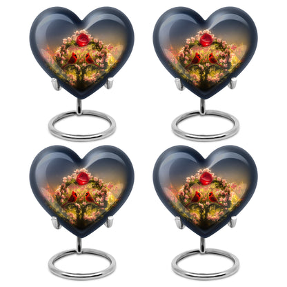 Calming Blue Cardinal Cremation Urn angled view of lid and engraved motif - romantic heart urn with cardinal motif on aluminum - 10 inch aluminum urn for cremated remains