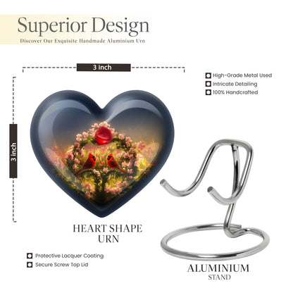 Steel Blue Cardinal Cremation Urn front view showing detailed design - romantic heart urn with cardinal motif on aluminum - mini keepsake memorial for portion of cremation ashes