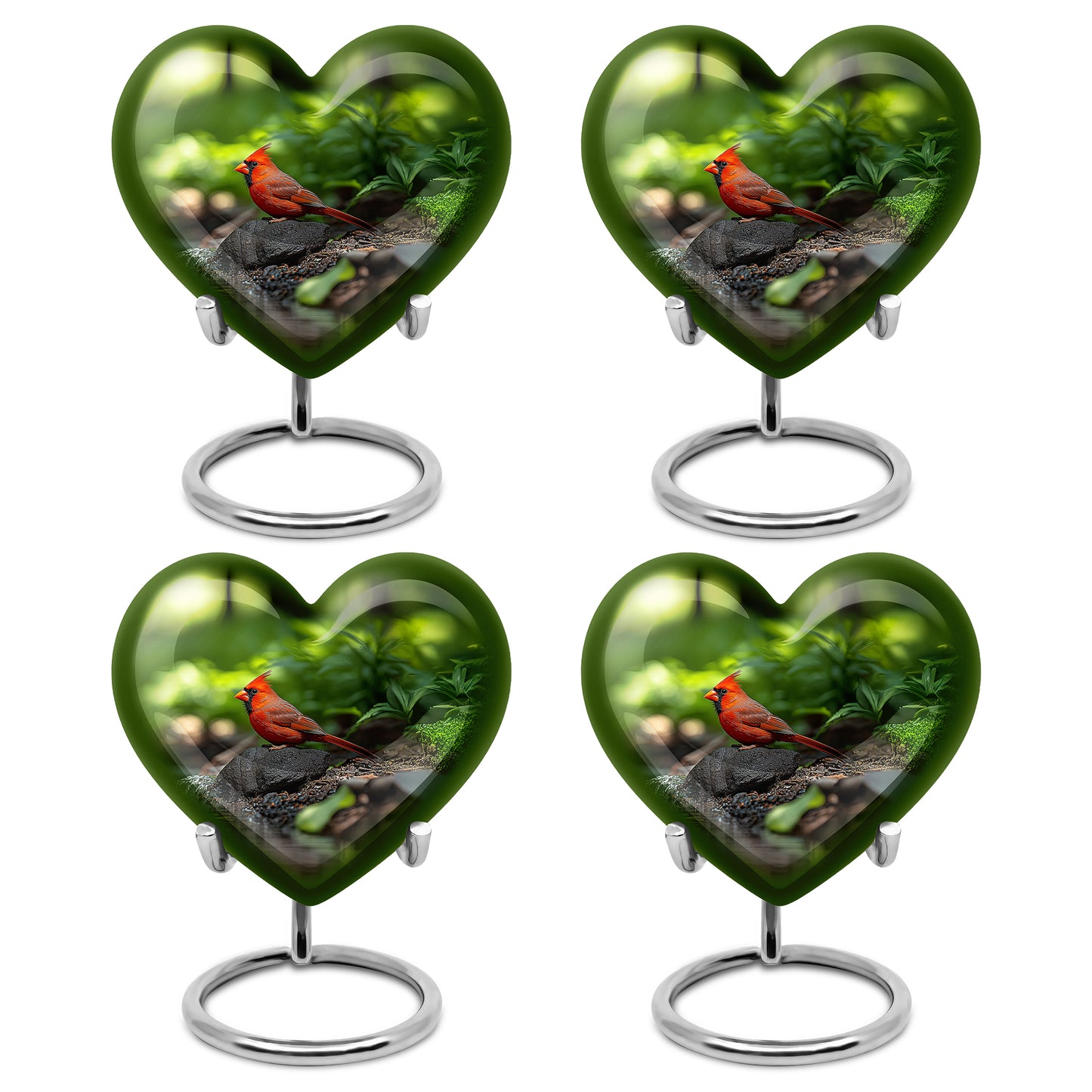 Forest Green Cardinal Cremation Urn angled view of lid and engraved motif - romantic heart urn with cardinal motif on aluminum - 10 inch aluminum urn for cremated remains