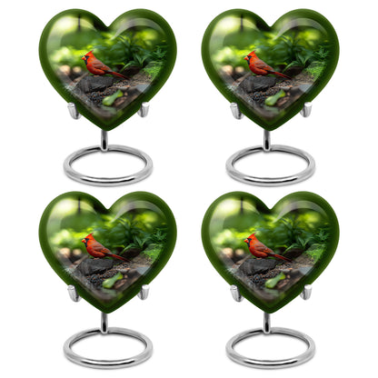 Forest Green Cardinal Cremation Urn angled view of lid and engraved motif - romantic heart urn with cardinal motif on aluminum - 10 inch aluminum urn for cremated remains