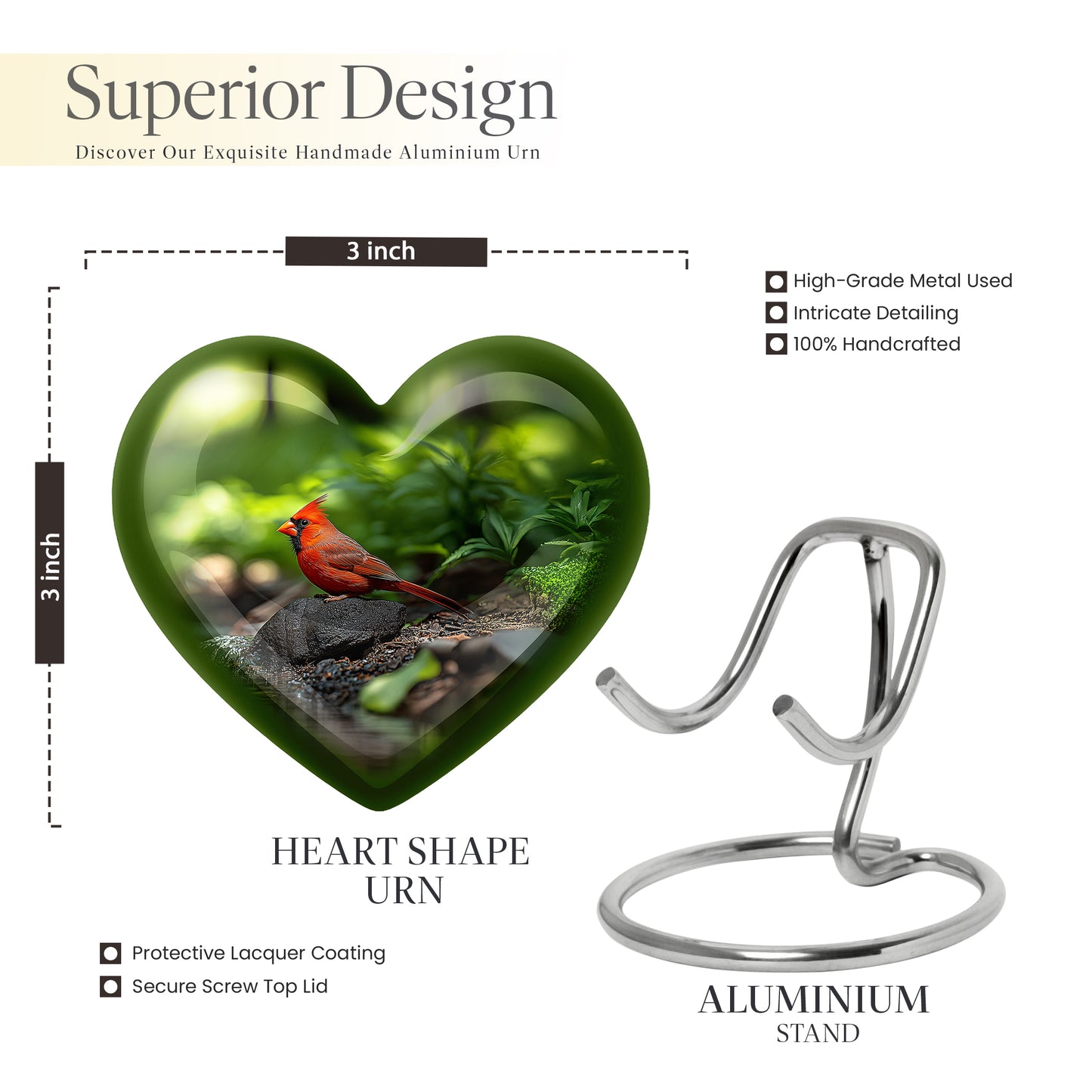 Jade Green Cardinal Cremation Urn front view showing detailed design - loving heart memorial featuring cardinal pattern - mini keepsake memorial for portion of cremation ashes
