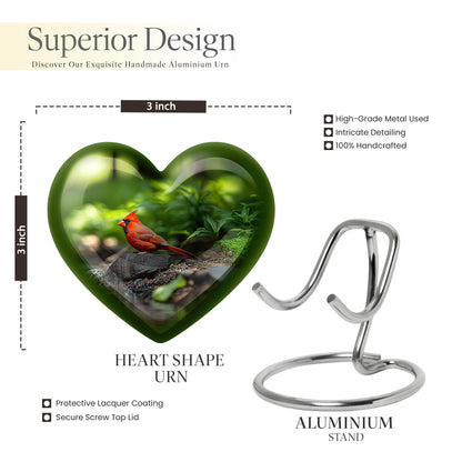Jade Green Cardinal Cremation Urn front view showing detailed design - loving heart memorial featuring cardinal pattern - mini keepsake memorial for portion of cremation ashes