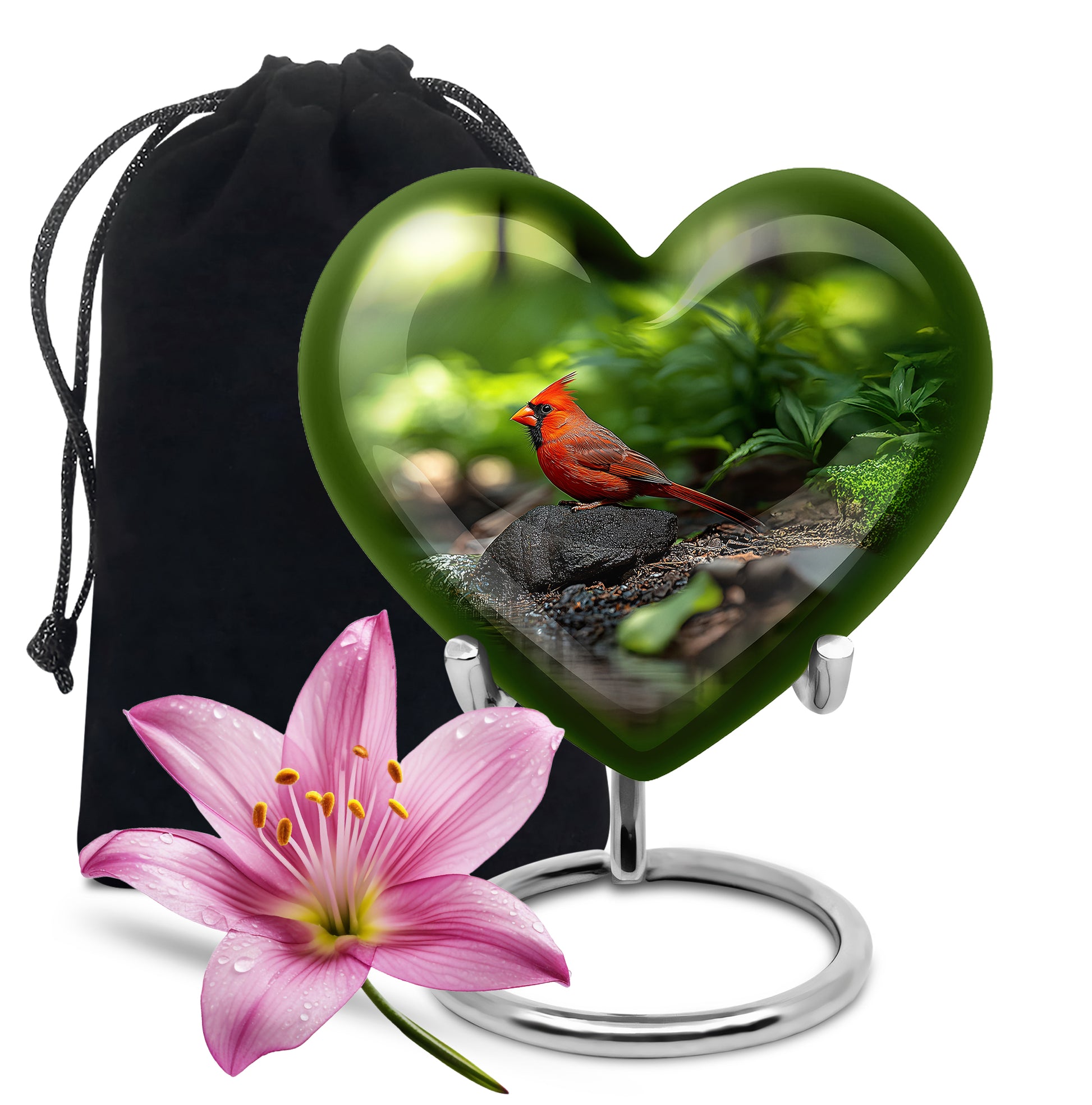 Moss Green Cardinal Cremation Urn detail view - heart-shaped cardinal design symbolizing eternal love - full-size 10 inch 200 cubic inch adult cremation urn