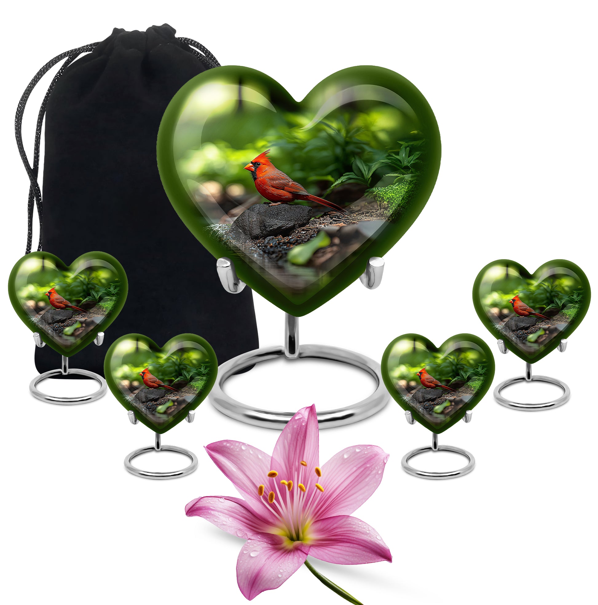 Moss Green Cardinal Cremation Urn close-up of engraving and surface detail - heart-shaped cardinal design symbolizing eternal love - memorial set with one large and four small urns