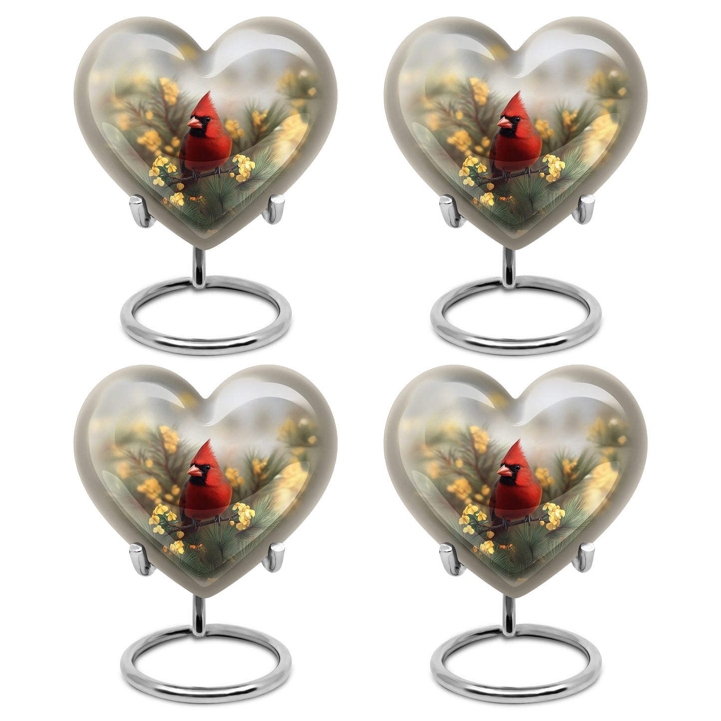 Steel Gray Cardinal Cremation Urn angled view of lid and engraved motif - romantic heart urn with cardinal motif on aluminum - 10 inch aluminum urn for cremated remains